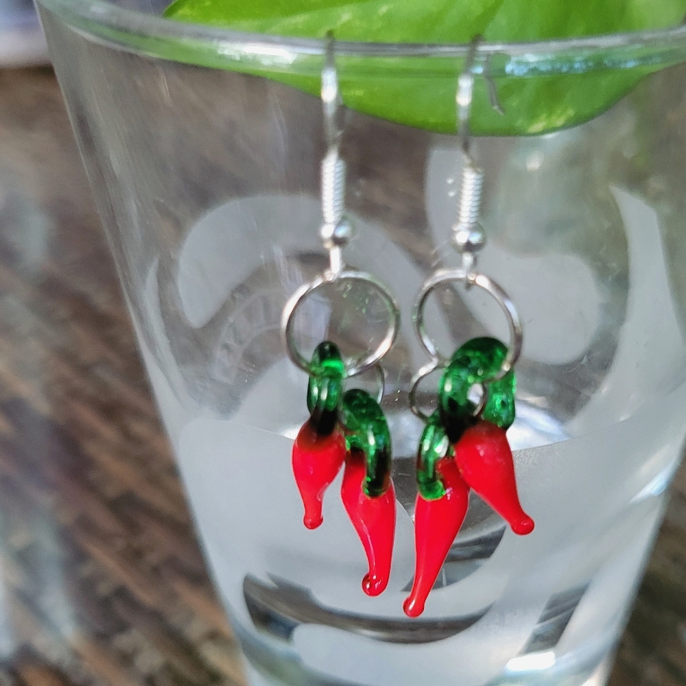 Red Hot Chili Pepper Blown Glass Handmade Dangle Pierced Earrings